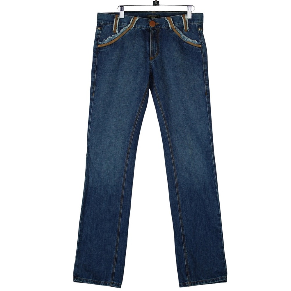 Vintage Y2K Versace Ittierre Italian Women Jeans Blue Trim Sz 28 Straight Leg